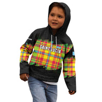 Saint Lucia Parrot Kid Hoodie with Madras Pattern and Cultural Black Motif Design - Wonder Print Shop