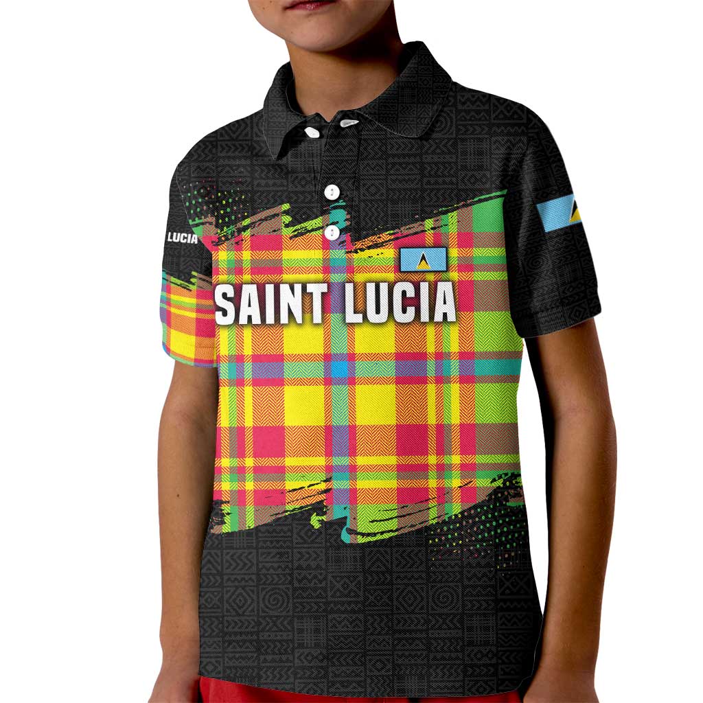 Saint Lucia Parrot Kid Polo Shirt with Madras Pattern and Cultural Black Motif Design - Wonder Print Shop