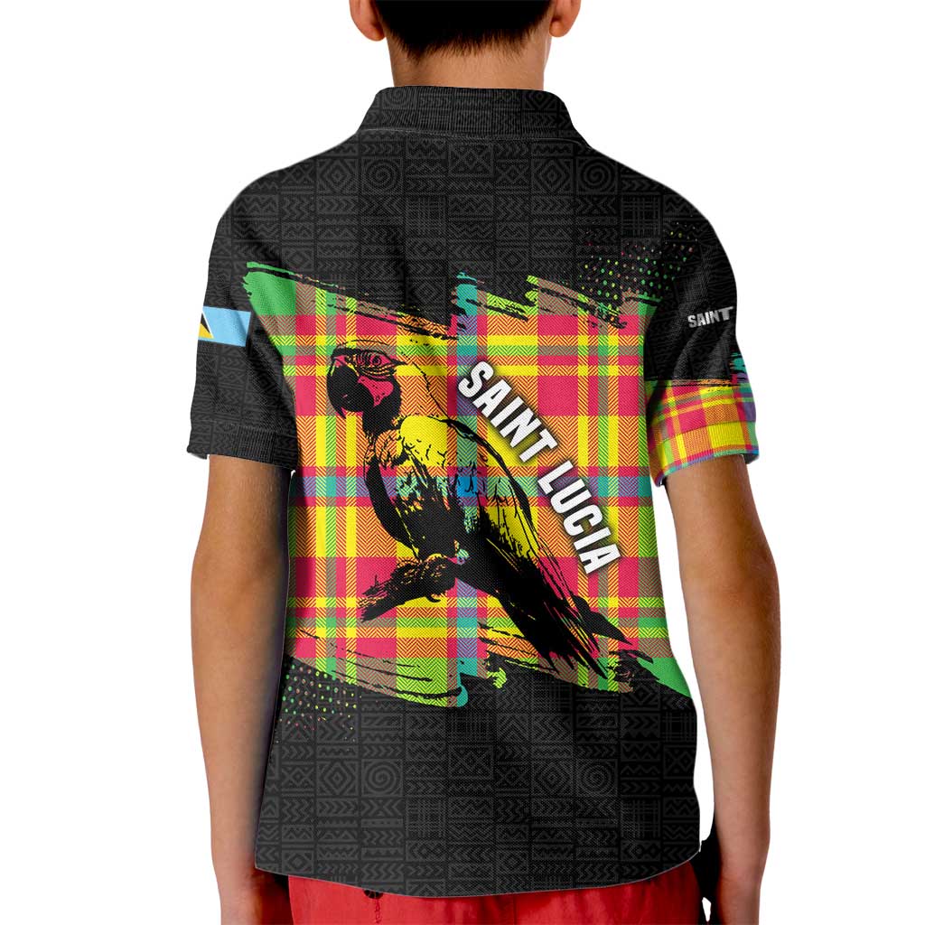 Saint Lucia Parrot Kid Polo Shirt with Madras Pattern and Cultural Black Motif Design - Wonder Print Shop
