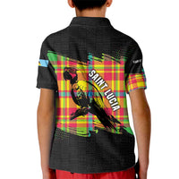 Saint Lucia Parrot Kid Polo Shirt with Madras Pattern and Cultural Black Motif Design - Wonder Print Shop