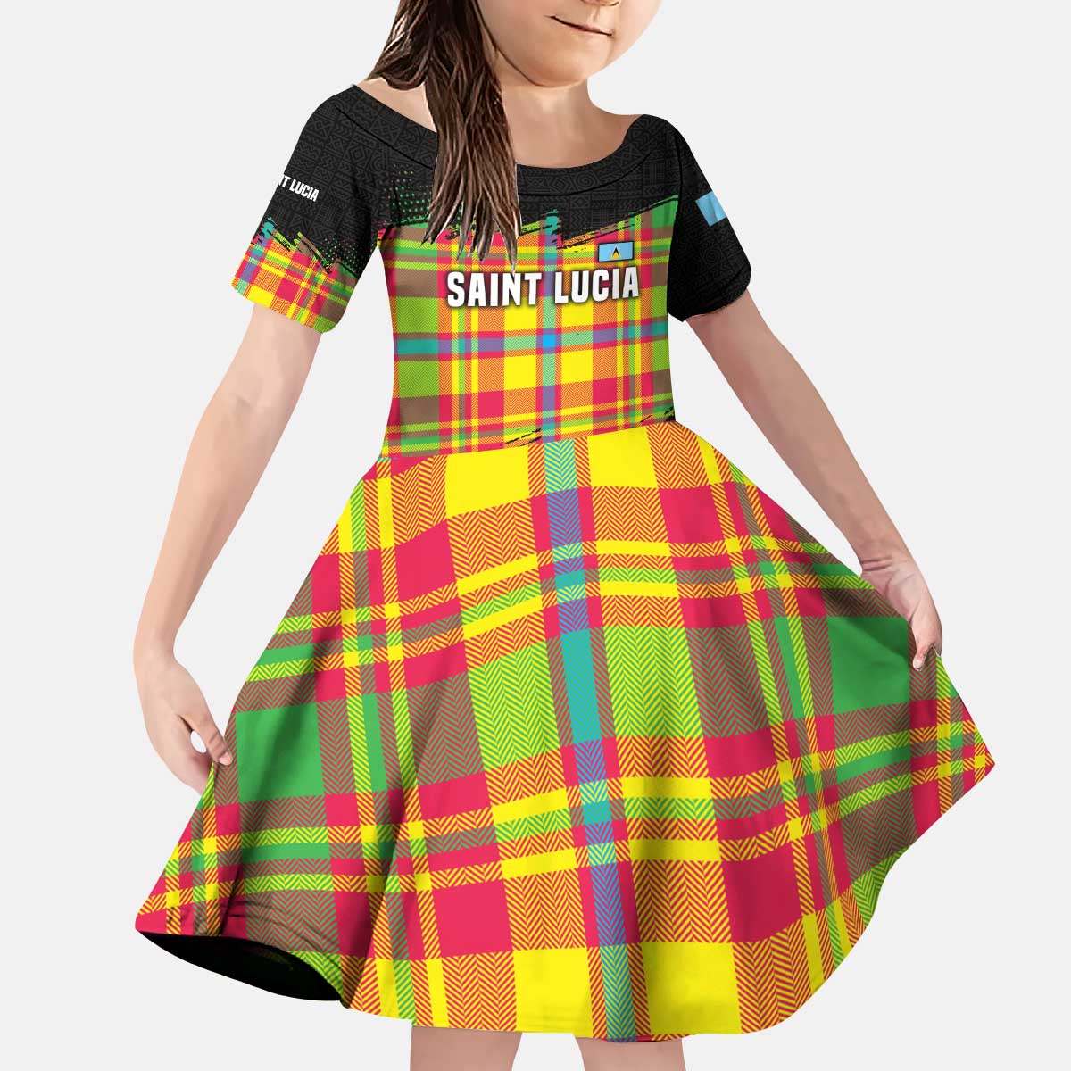 Saint Lucia Parrot Kid Short Sleeve Dress with Madras Pattern and Cultural Black Motif Design - Wonder Print Shop