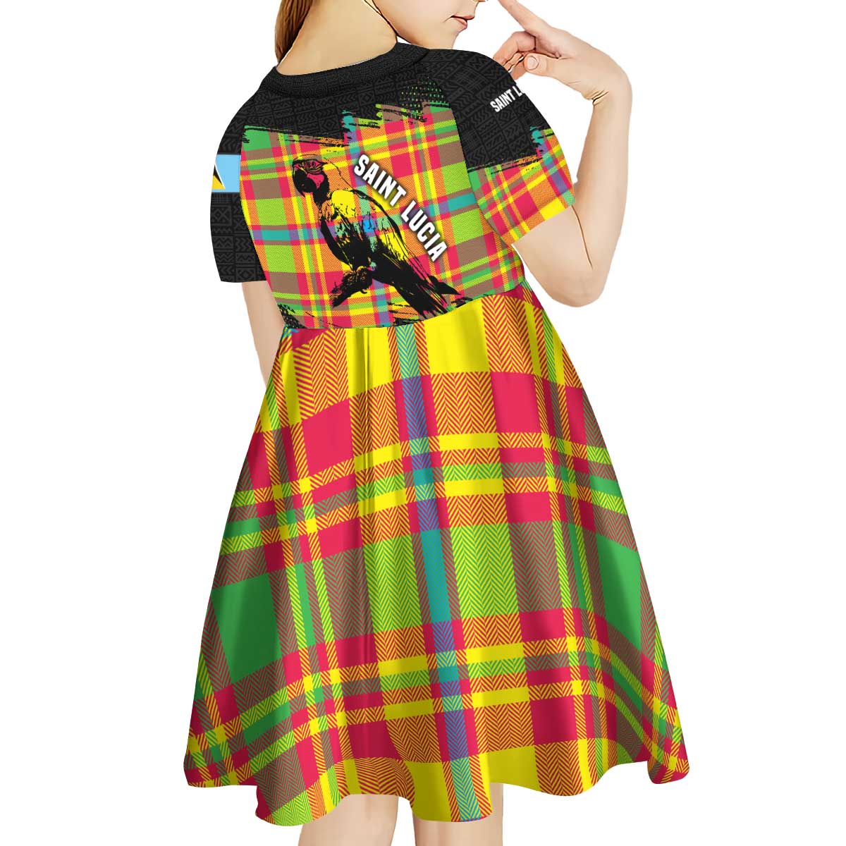 Saint Lucia Parrot Kid Short Sleeve Dress with Madras Pattern and Cultural Black Motif Design - Wonder Print Shop