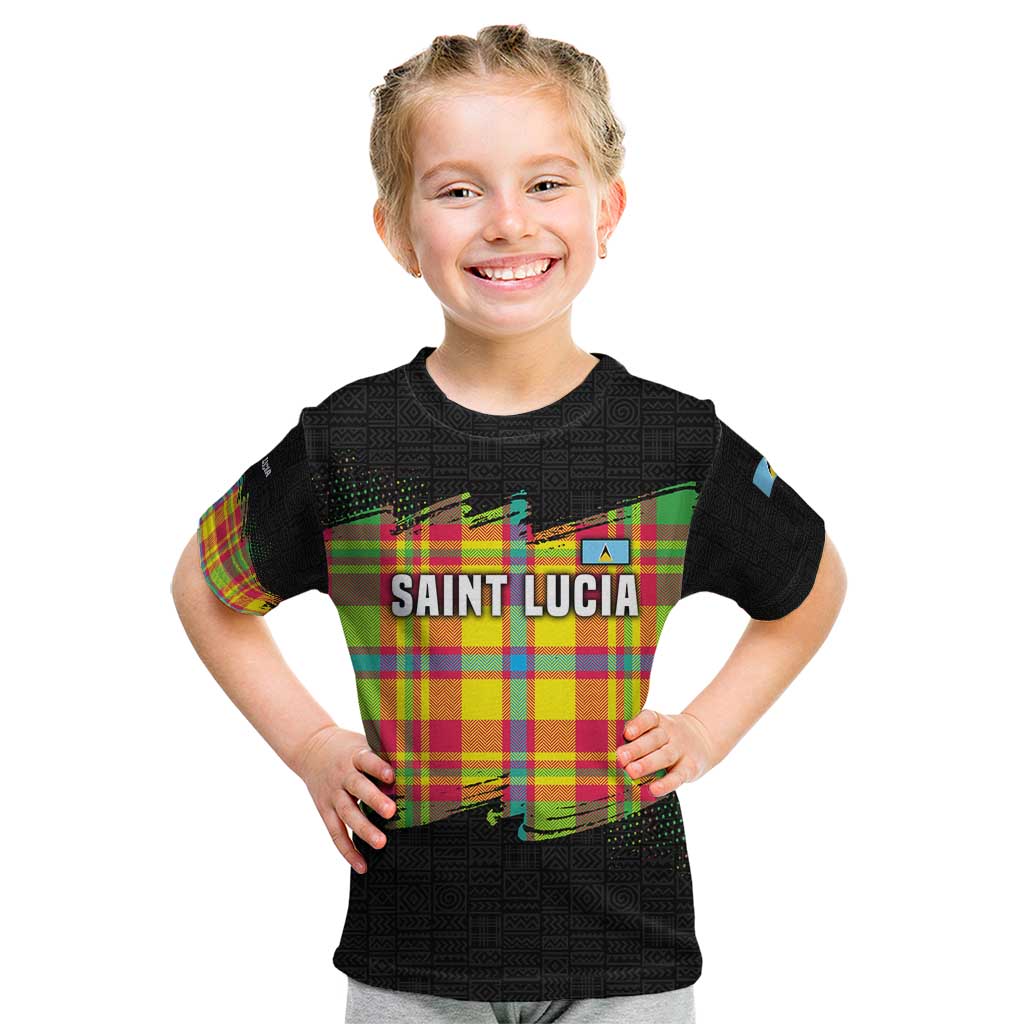 Saint Lucia Parrot Kid T Shirt with Madras Pattern and Cultural Black Motif Design - Wonder Print Shop