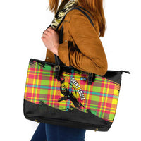 Saint Lucia Parrot Leather Tote Bag with Madras Pattern and Cultural Black Motif Design - Wonder Print Shop