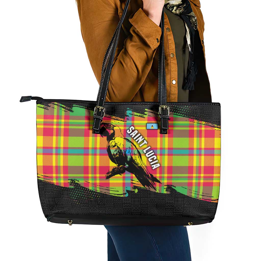 Saint Lucia Parrot Leather Tote Bag with Madras Pattern and Cultural Black Motif Design - Wonder Print Shop