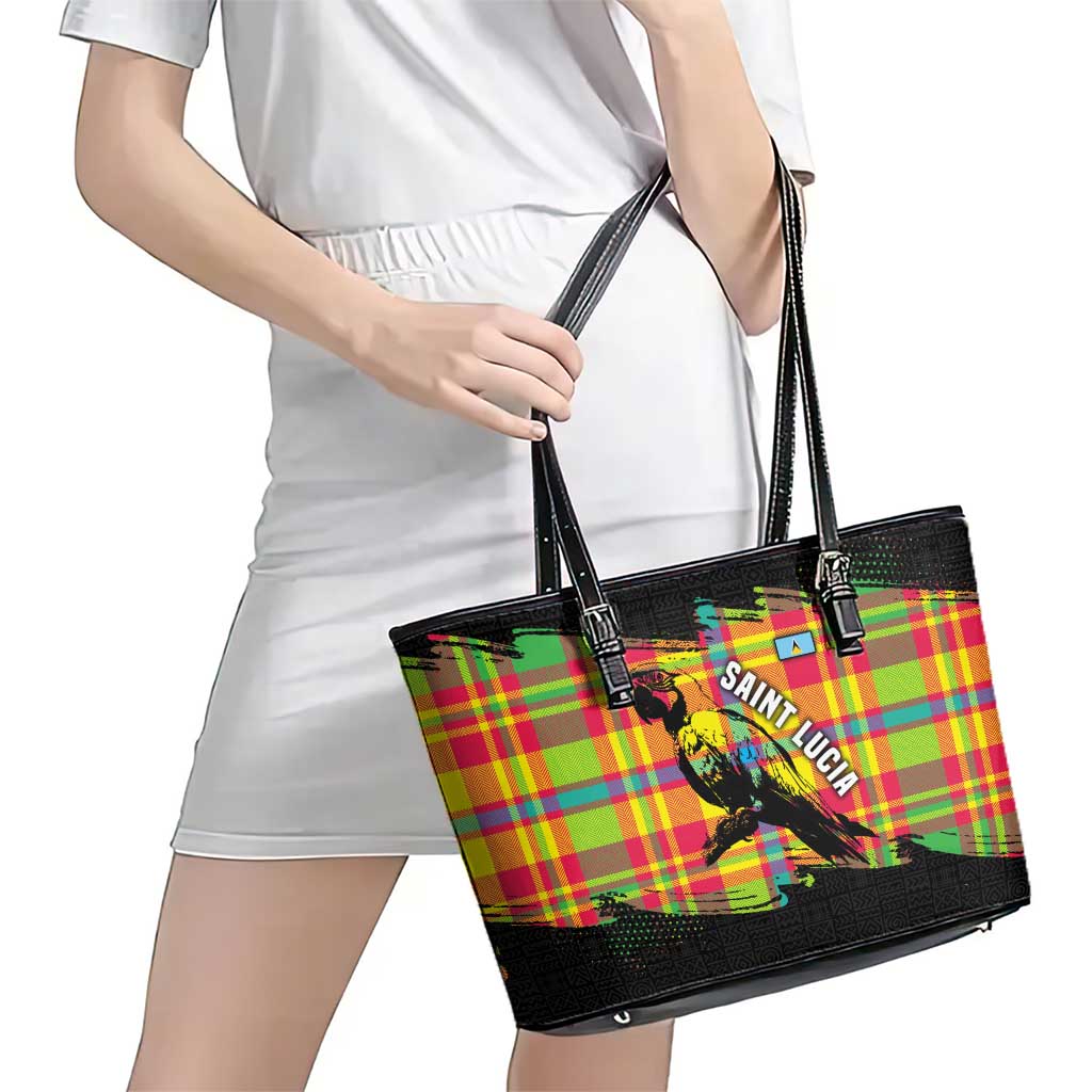 Saint Lucia Parrot Leather Tote Bag with Madras Pattern and Cultural Black Motif Design - Wonder Print Shop