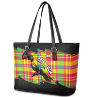 Saint Lucia Parrot Leather Tote Bag with Madras Pattern and Cultural Black Motif Design - Wonder Print Shop