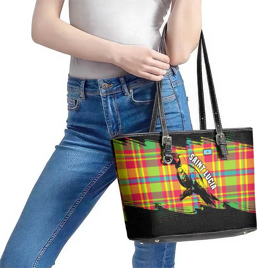 Saint Lucia Parrot Leather Tote Bag with Madras Pattern and Cultural Black Motif Design - Wonder Print Shop