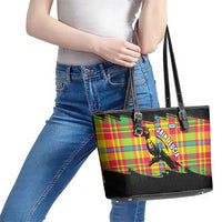 Saint Lucia Parrot Leather Tote Bag with Madras Pattern and Cultural Black Motif Design - Wonder Print Shop