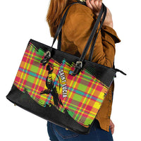 Saint Lucia Parrot Leather Tote Bag with Madras Pattern and Cultural Black Motif Design - Wonder Print Shop