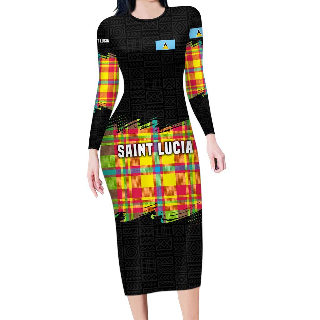 Saint Lucia Parrot Long Sleeve Bodycon Dress with Madras Pattern and Cultural Black Motif Design - Wonder Print Shop