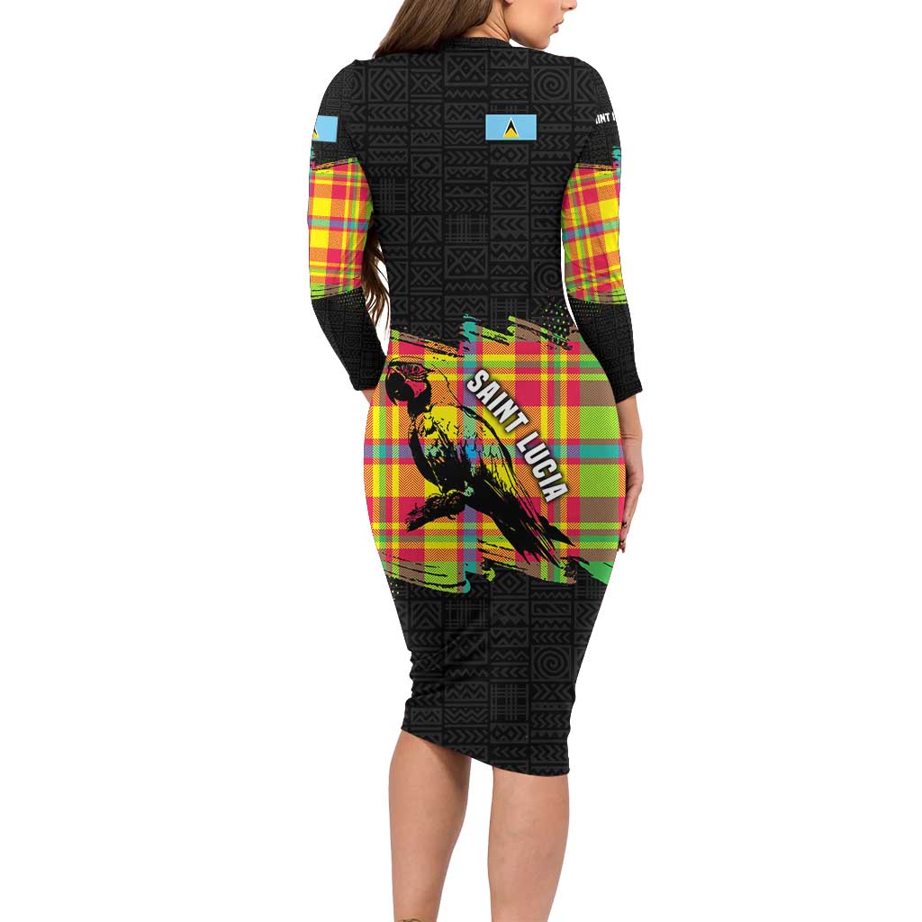 Saint Lucia Parrot Long Sleeve Bodycon Dress with Madras Pattern and Cultural Black Motif Design - Wonder Print Shop