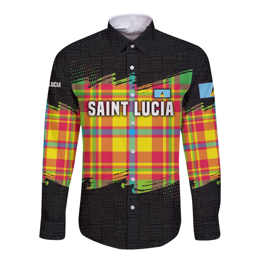 Saint Lucia Parrot Long Sleeve Button Shirt with Madras Pattern and Cultural Black Motif Design - Wonder Print Shop