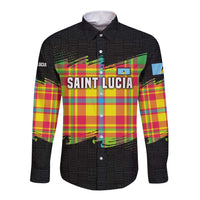 Saint Lucia Parrot Long Sleeve Button Shirt with Madras Pattern and Cultural Black Motif Design - Wonder Print Shop