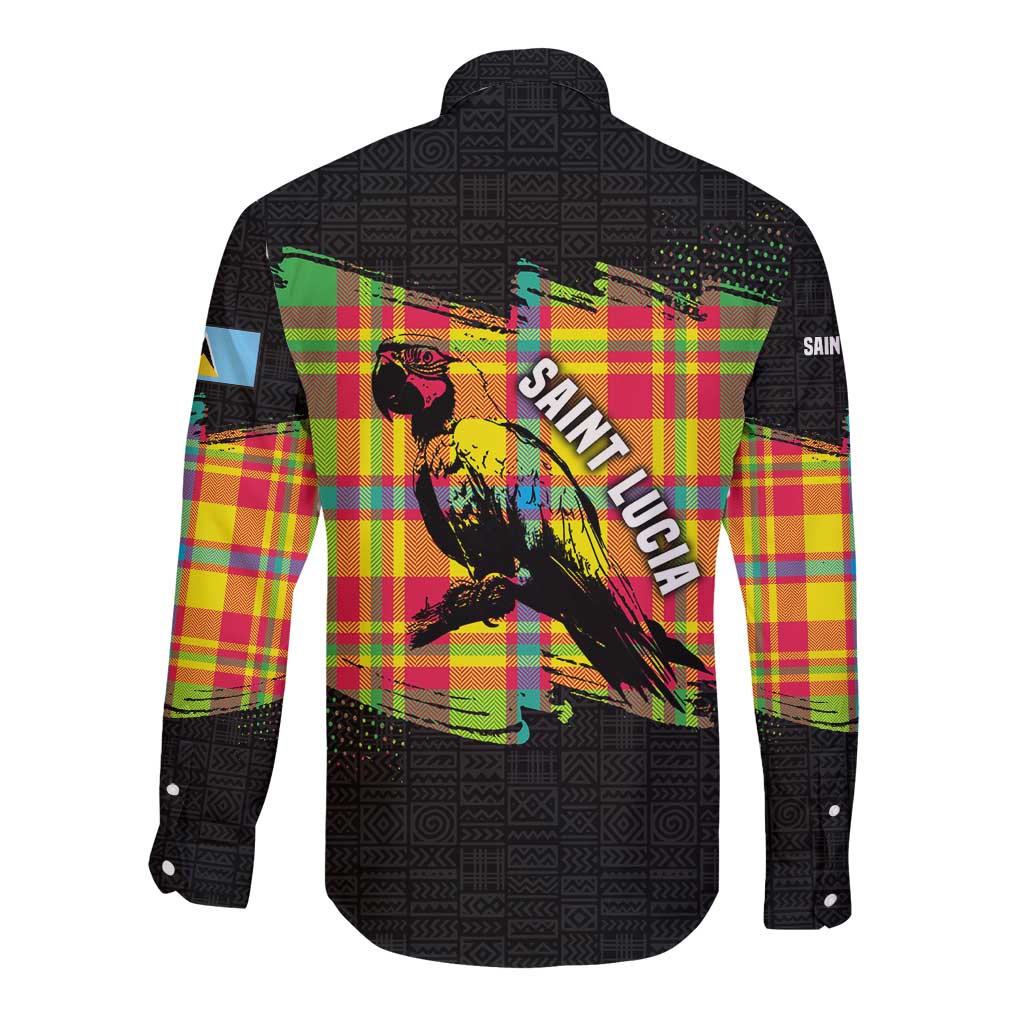 Saint Lucia Parrot Long Sleeve Button Shirt with Madras Pattern and Cultural Black Motif Design - Wonder Print Shop