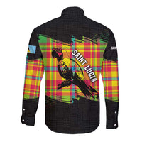 Saint Lucia Parrot Long Sleeve Button Shirt with Madras Pattern and Cultural Black Motif Design - Wonder Print Shop
