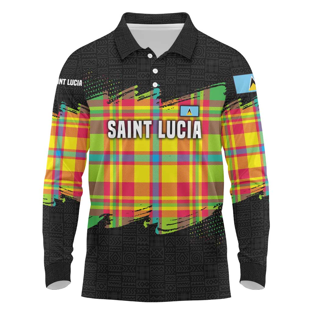 Saint Lucia Parrot Long Sleeve Polo Shirt with Madras Pattern and Cultural Black Motif Design - Wonder Print Shop