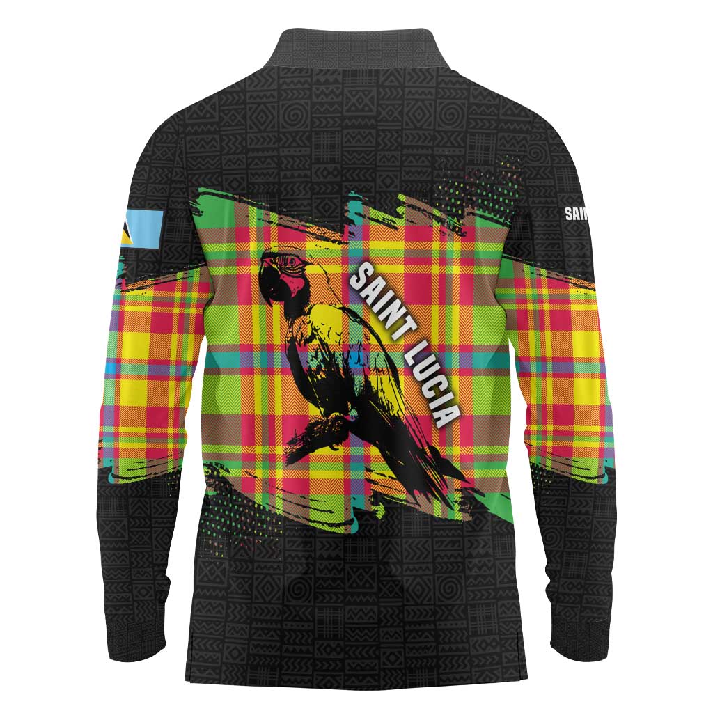 Saint Lucia Parrot Long Sleeve Polo Shirt with Madras Pattern and Cultural Black Motif Design - Wonder Print Shop