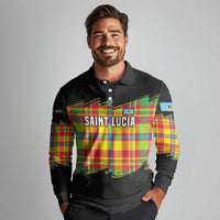 Saint Lucia Parrot Long Sleeve Polo Shirt with Madras Pattern and Cultural Black Motif Design - Wonder Print Shop