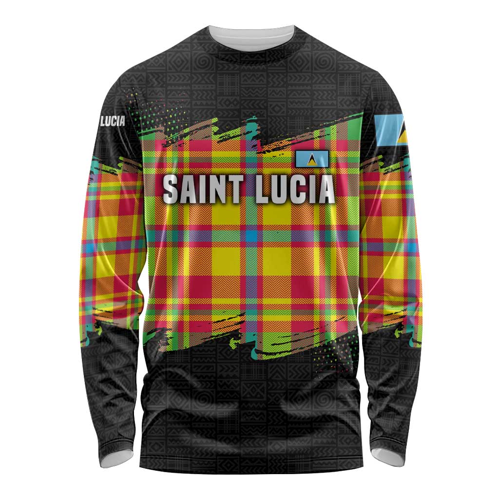 Saint Lucia Parrot Long Sleeve Shirt with Madras Pattern and Cultural Black Motif Design - Wonder Print Shop
