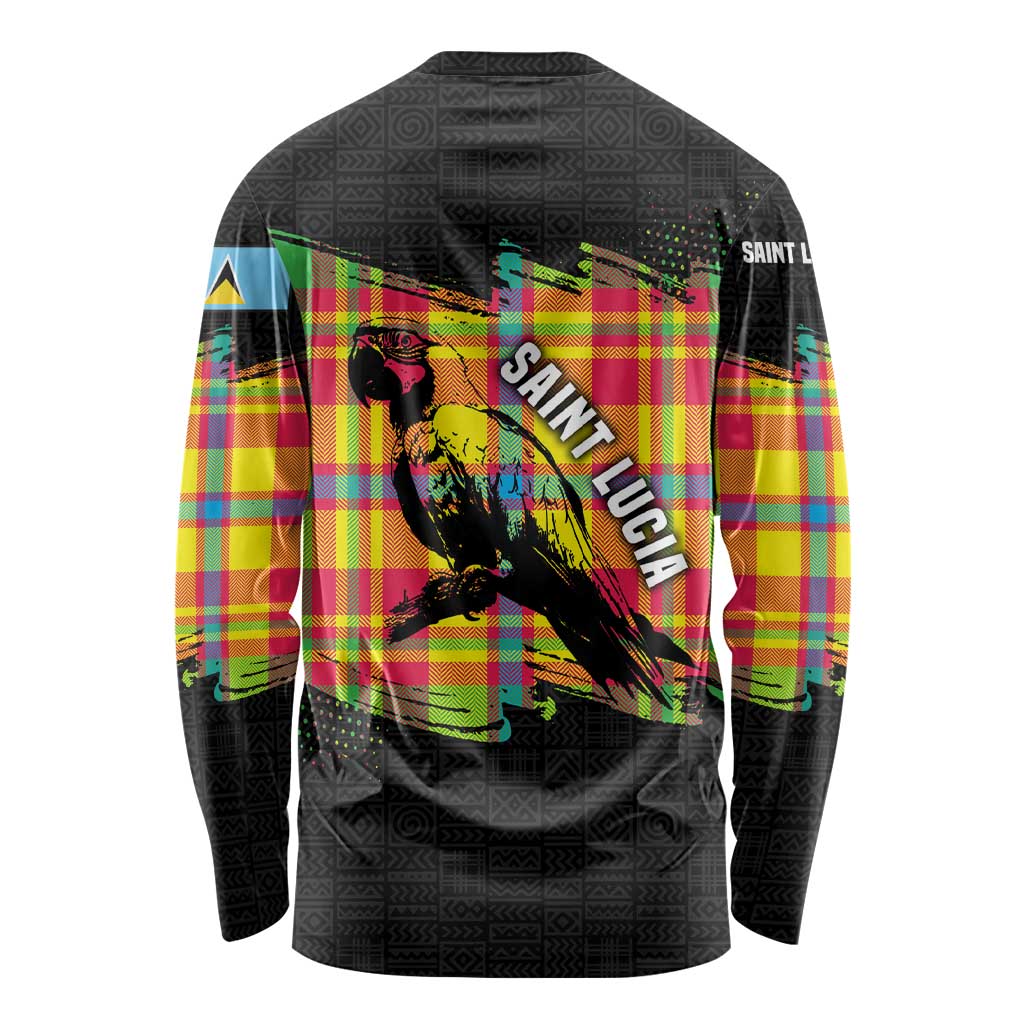 Saint Lucia Parrot Long Sleeve Shirt with Madras Pattern and Cultural Black Motif Design - Wonder Print Shop
