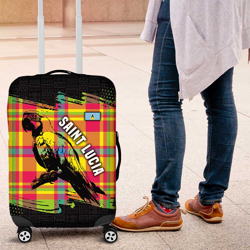 Saint Lucia Parrot Luggage Cover with Madras Pattern and Cultural Black Motif Design - Wonder Print Shop