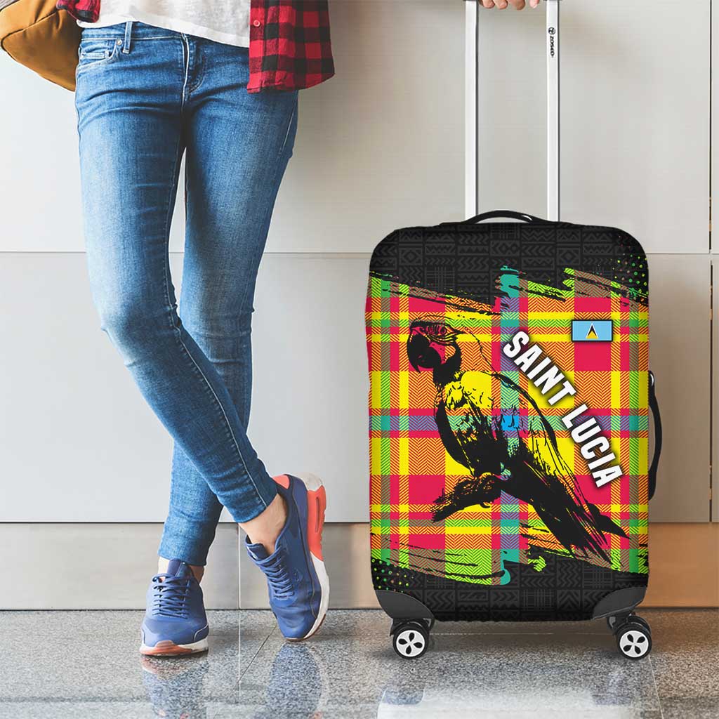 Saint Lucia Parrot Luggage Cover with Madras Pattern and Cultural Black Motif Design - Wonder Print Shop