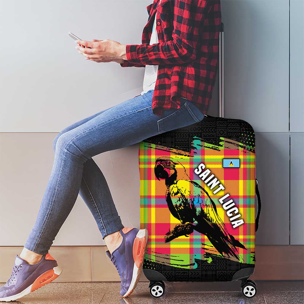 Saint Lucia Parrot Luggage Cover with Madras Pattern and Cultural Black Motif Design - Wonder Print Shop