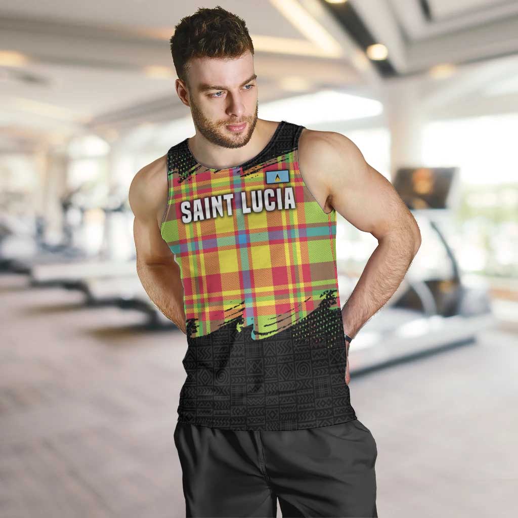 Saint Lucia Parrot Men Tank Top with Madras Pattern and Cultural Black Motif Design - Wonder Print Shop