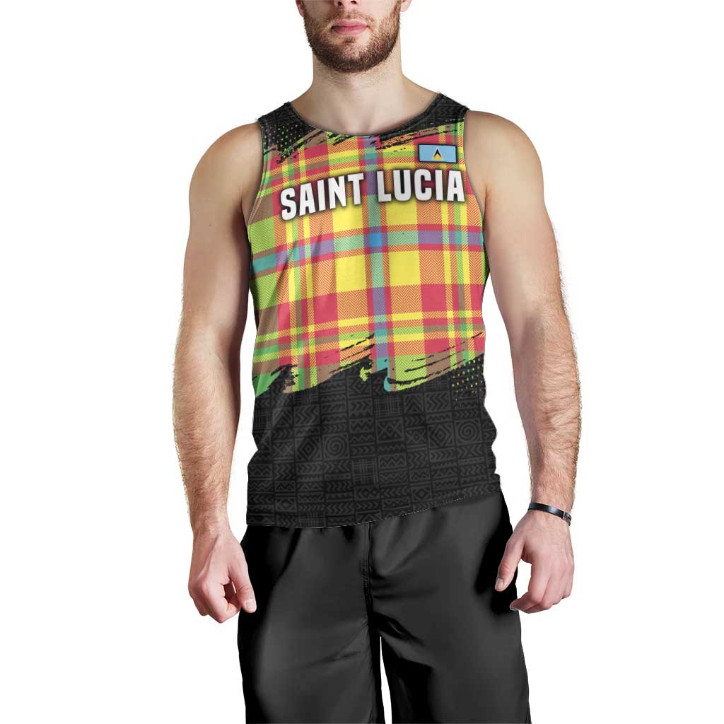 Saint Lucia Parrot Men Tank Top with Madras Pattern and Cultural Black Motif Design - Wonder Print Shop