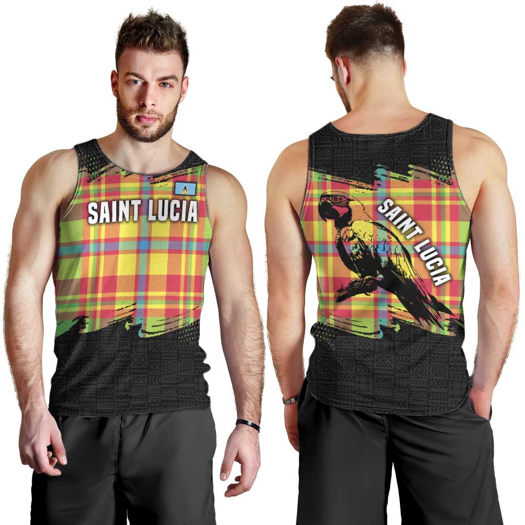 Saint Lucia Parrot Men Tank Top with Madras Pattern and Cultural Black Motif Design - Wonder Print Shop