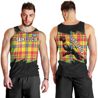 Saint Lucia Parrot Men Tank Top with Madras Pattern and Cultural Black Motif Design - Wonder Print Shop