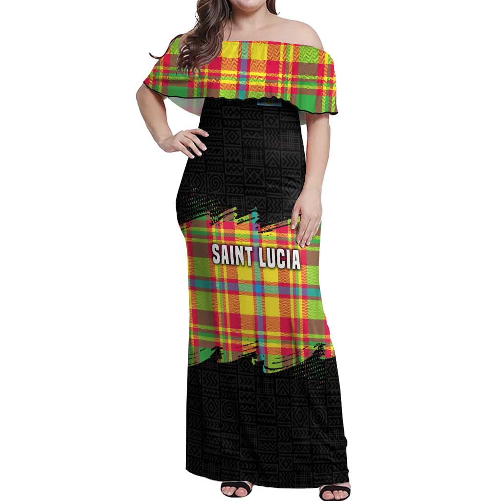 Saint Lucia Parrot Off Shoulder Maxi Dress with Madras Pattern and Cultural Black Motif Design - Wonder Print Shop
