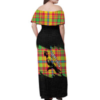 Saint Lucia Parrot Off Shoulder Maxi Dress with Madras Pattern and Cultural Black Motif Design - Wonder Print Shop