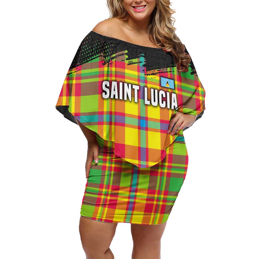 Saint Lucia Parrot Off Shoulder Short Dress with Madras Pattern and Cultural Black Motif Design - Wonder Print Shop
