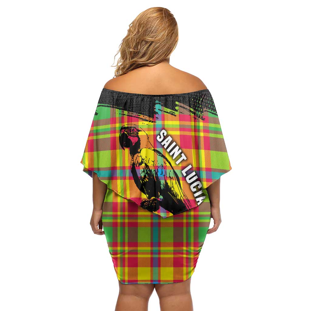 Saint Lucia Parrot Off Shoulder Short Dress with Madras Pattern and Cultural Black Motif Design - Wonder Print Shop