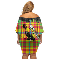 Saint Lucia Parrot Off Shoulder Short Dress with Madras Pattern and Cultural Black Motif Design - Wonder Print Shop