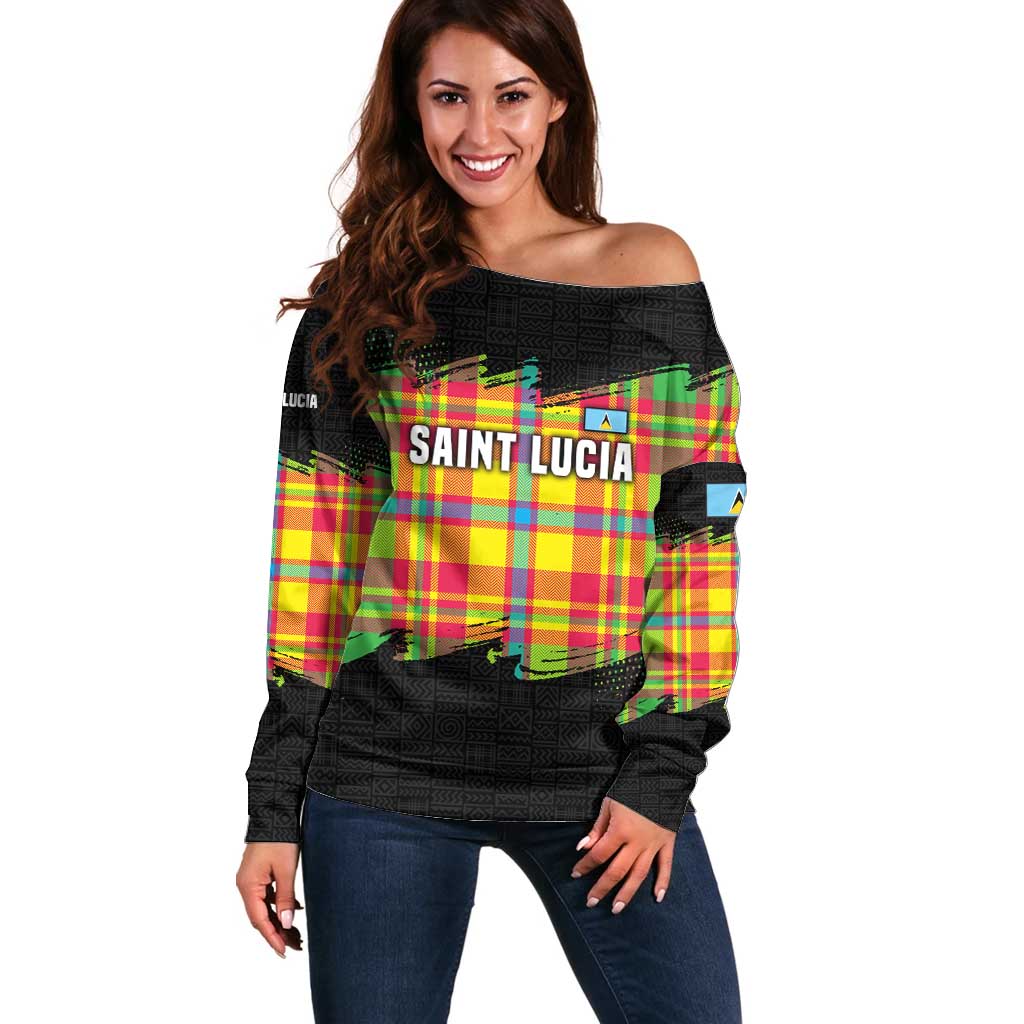 Saint Lucia Parrot Off Shoulder Sweater with Madras Pattern and Cultural Black Motif Design - Wonder Print Shop
