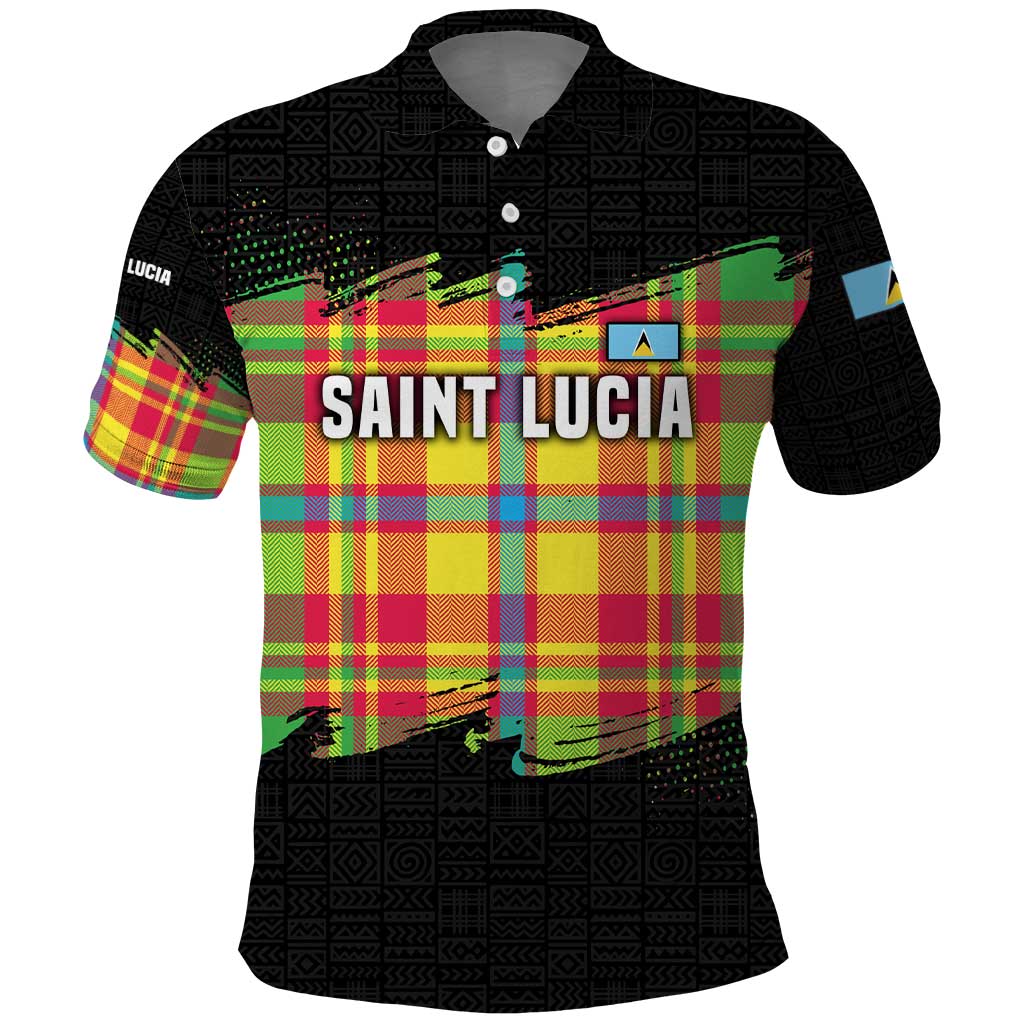 Saint Lucia Parrot Polo Shirt with Madras Pattern and Cultural Black Motif Design - Wonder Print Shop