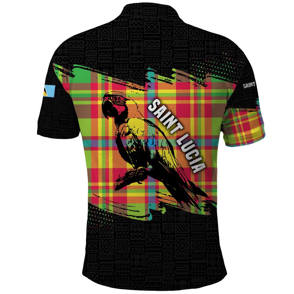 Saint Lucia Parrot Polo Shirt with Madras Pattern and Cultural Black Motif Design - Wonder Print Shop