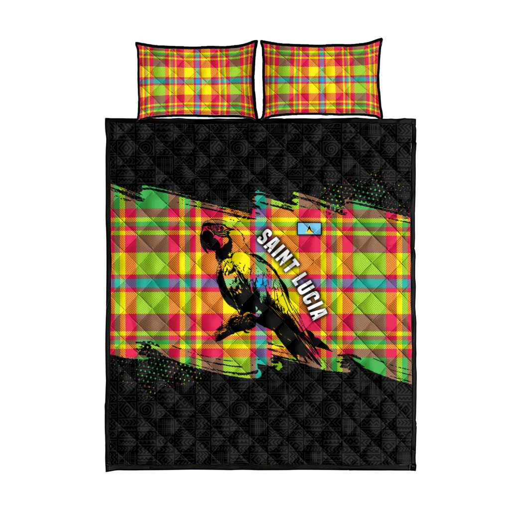 Saint Lucia Parrot Quilt Bed Set with Madras Pattern and Cultural Black Motif Design - Wonder Print Shop