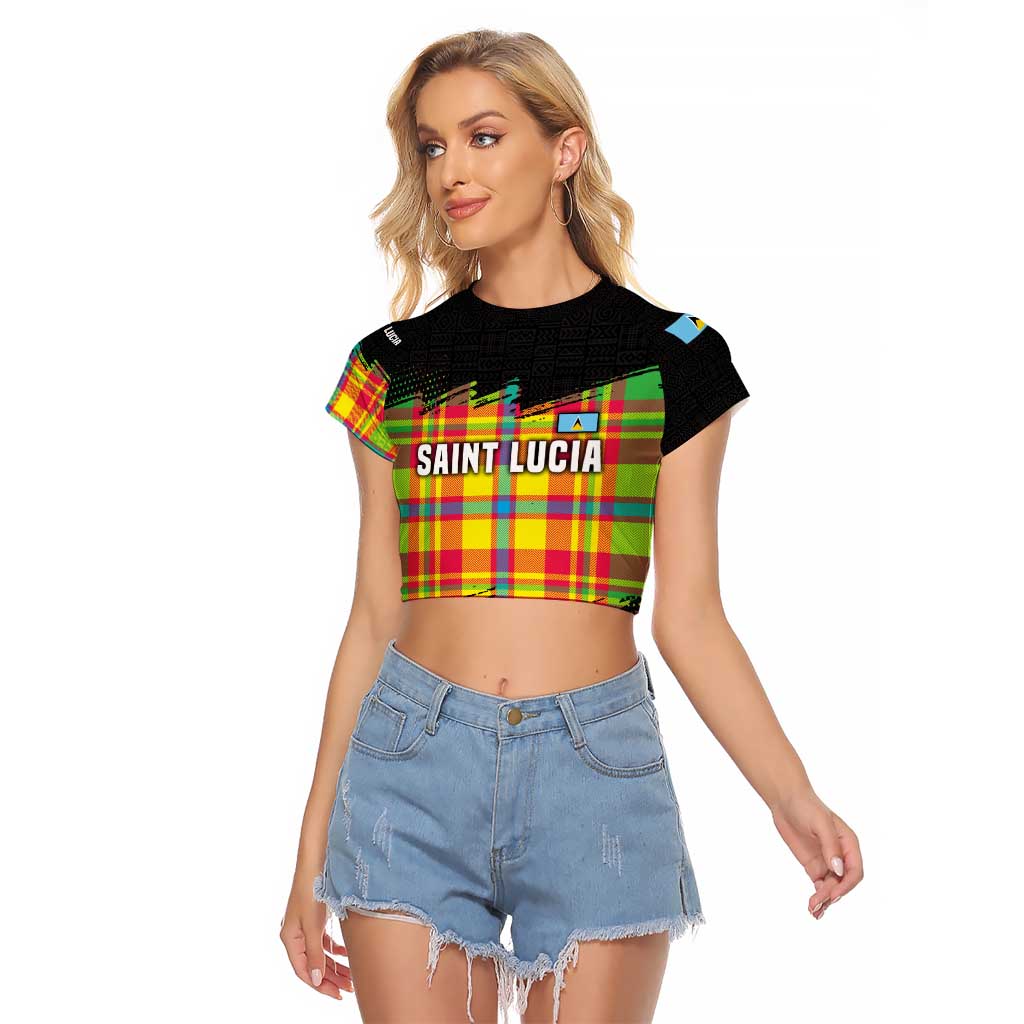 Saint Lucia Parrot Raglan Cropped T Shirt with Madras Pattern and Cultural Black Motif Design - Wonder Print Shop