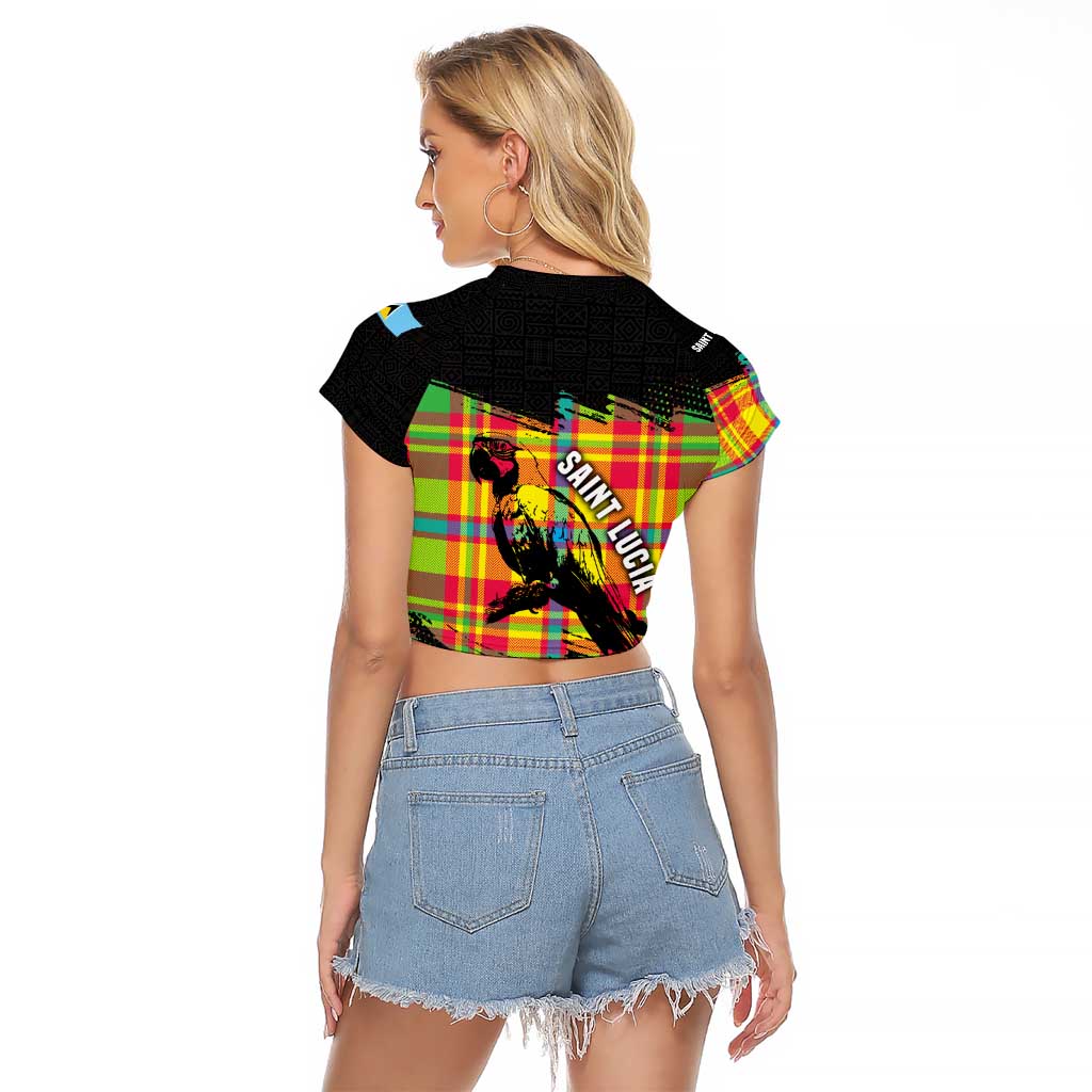 Saint Lucia Parrot Raglan Cropped T Shirt with Madras Pattern and Cultural Black Motif Design - Wonder Print Shop