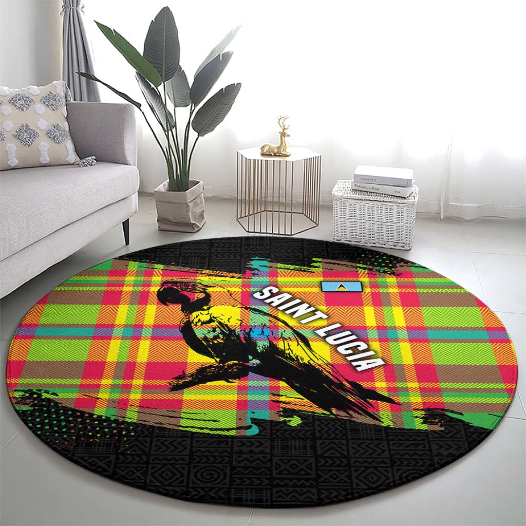 Saint Lucia Parrot Round Carpet with Madras Pattern and Cultural Black Motif Design - Wonder Print Shop