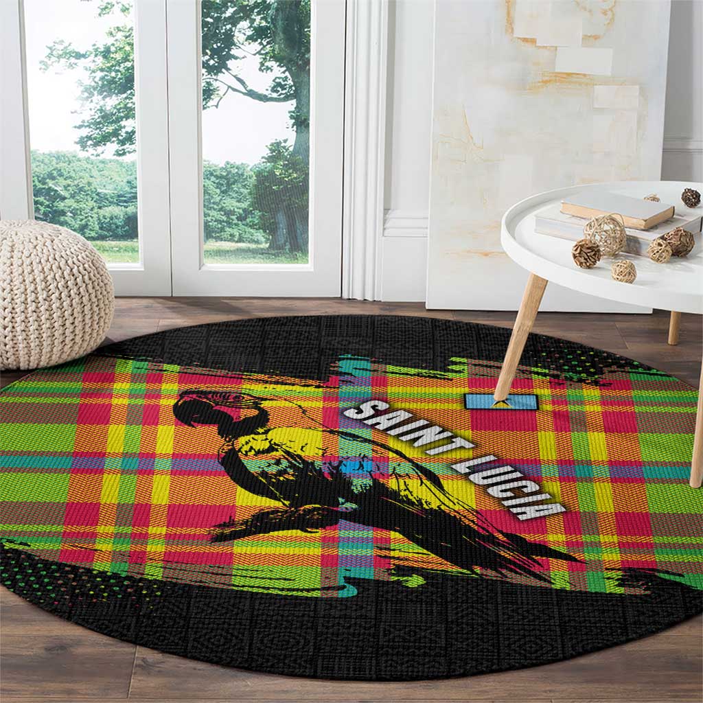 Saint Lucia Parrot Round Carpet with Madras Pattern and Cultural Black Motif Design - Wonder Print Shop