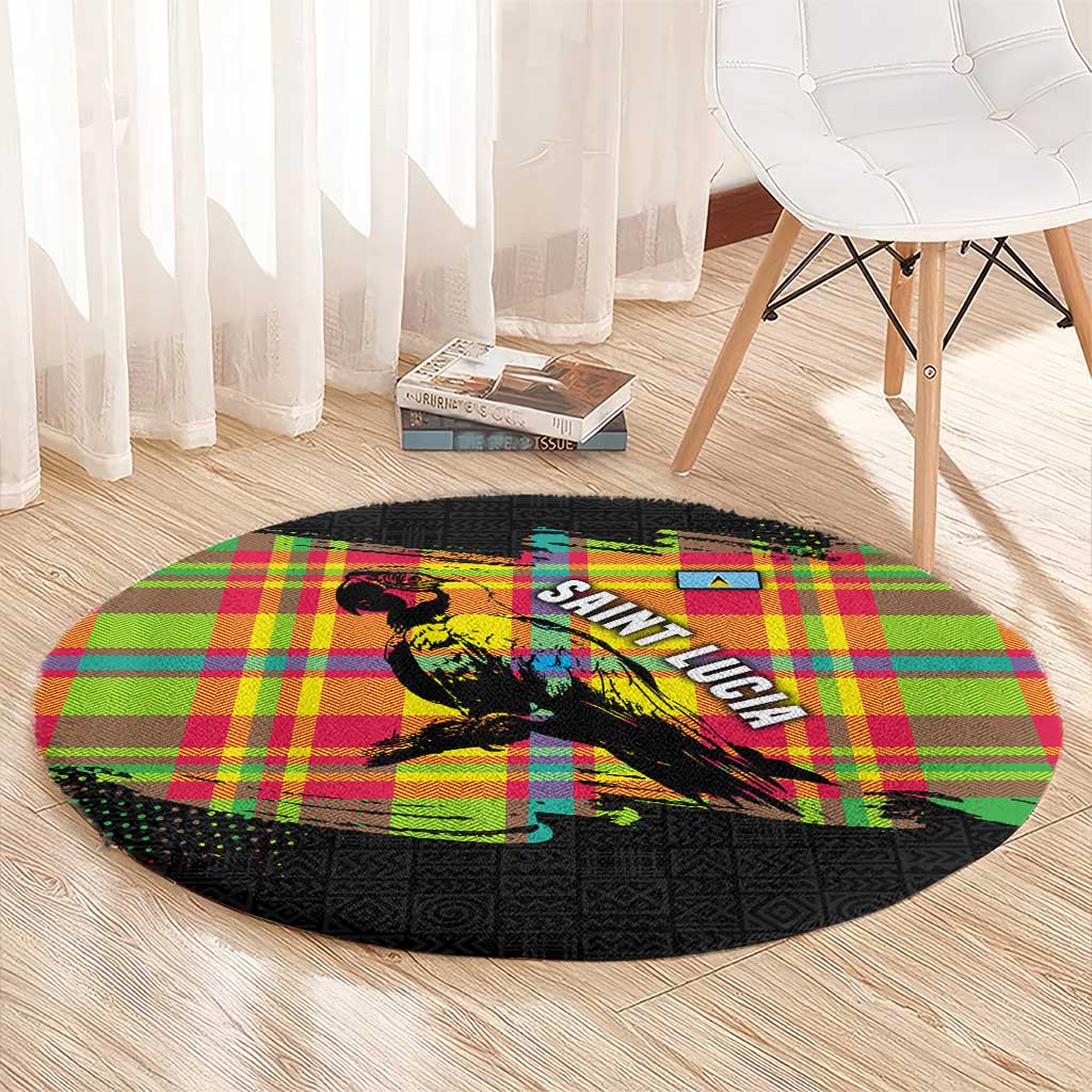 Saint Lucia Parrot Round Carpet with Madras Pattern and Cultural Black Motif Design - Wonder Print Shop