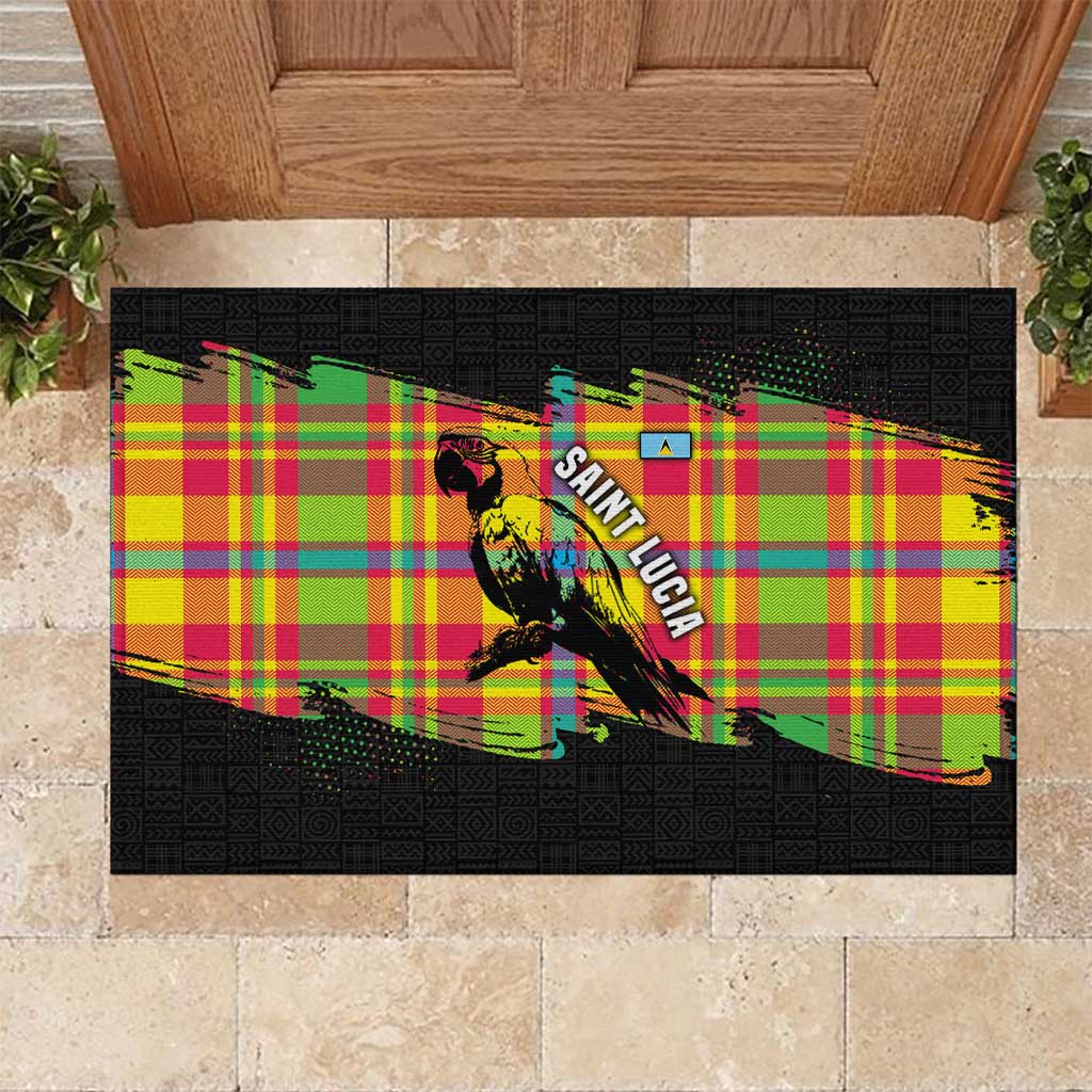 Saint Lucia Parrot Rubber Doormat with Madras Pattern and Cultural Black Motif Design - Wonder Print Shop