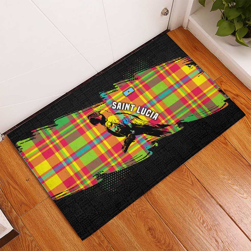 Saint Lucia Parrot Rubber Doormat with Madras Pattern and Cultural Black Motif Design - Wonder Print Shop