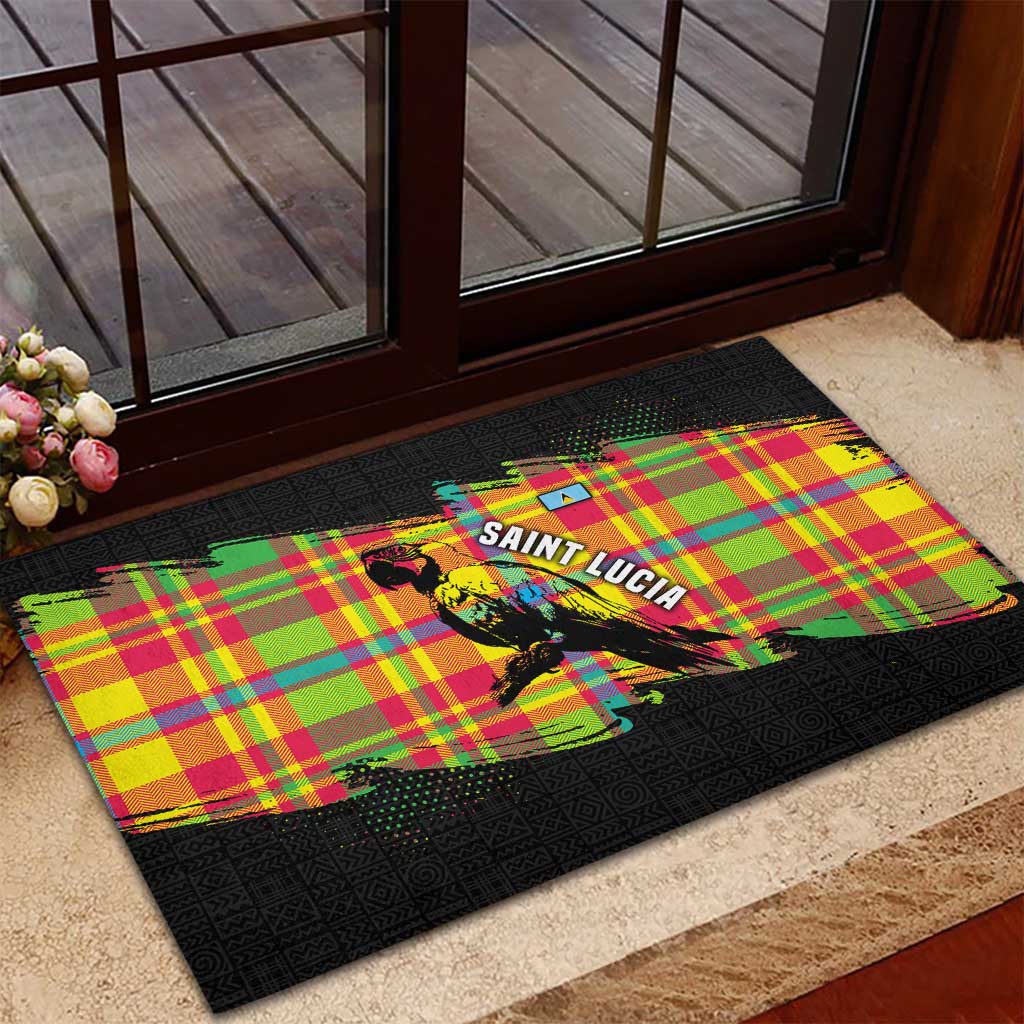 Saint Lucia Parrot Rubber Doormat with Madras Pattern and Cultural Black Motif Design - Wonder Print Shop