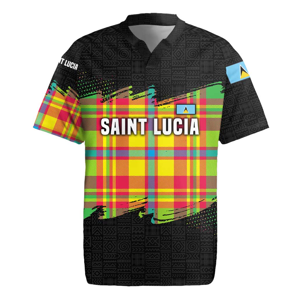 Saint Lucia Parrot Rugby Jersey with Madras Pattern and Cultural Black Motif Design - Wonder Print Shop